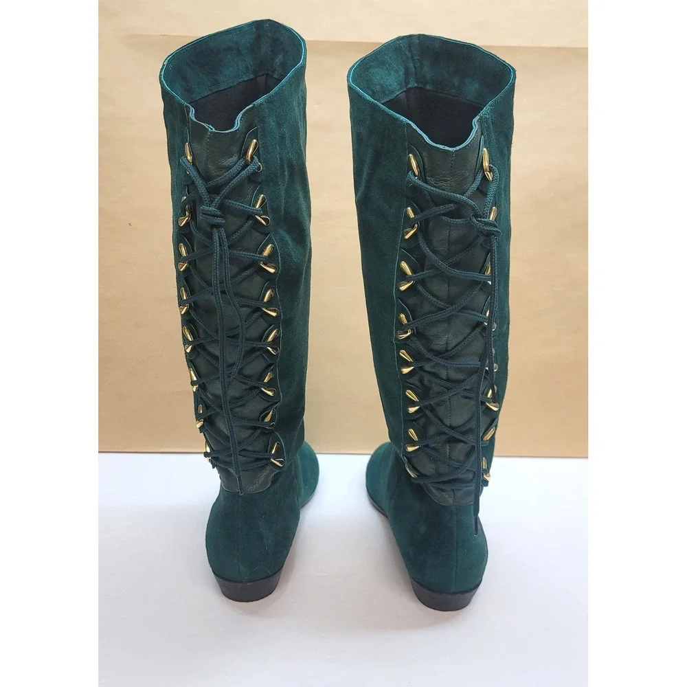 Clicks Womens Size 9B Dark Green Suede Tall Lace Up Back Boots Pointed Toe Flat